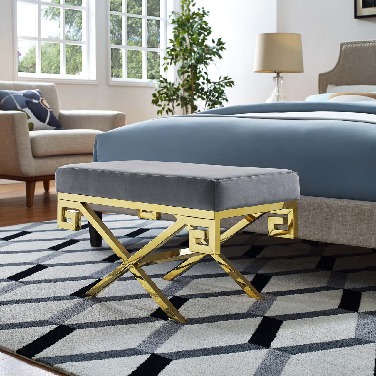 Azteca Upholstered Velvet Bench, Gold & Gray