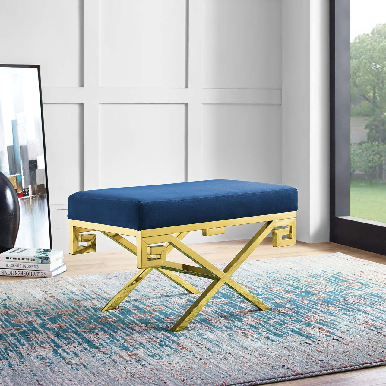 Azteca Upholstered Velvet Bench, Gold & Navy
