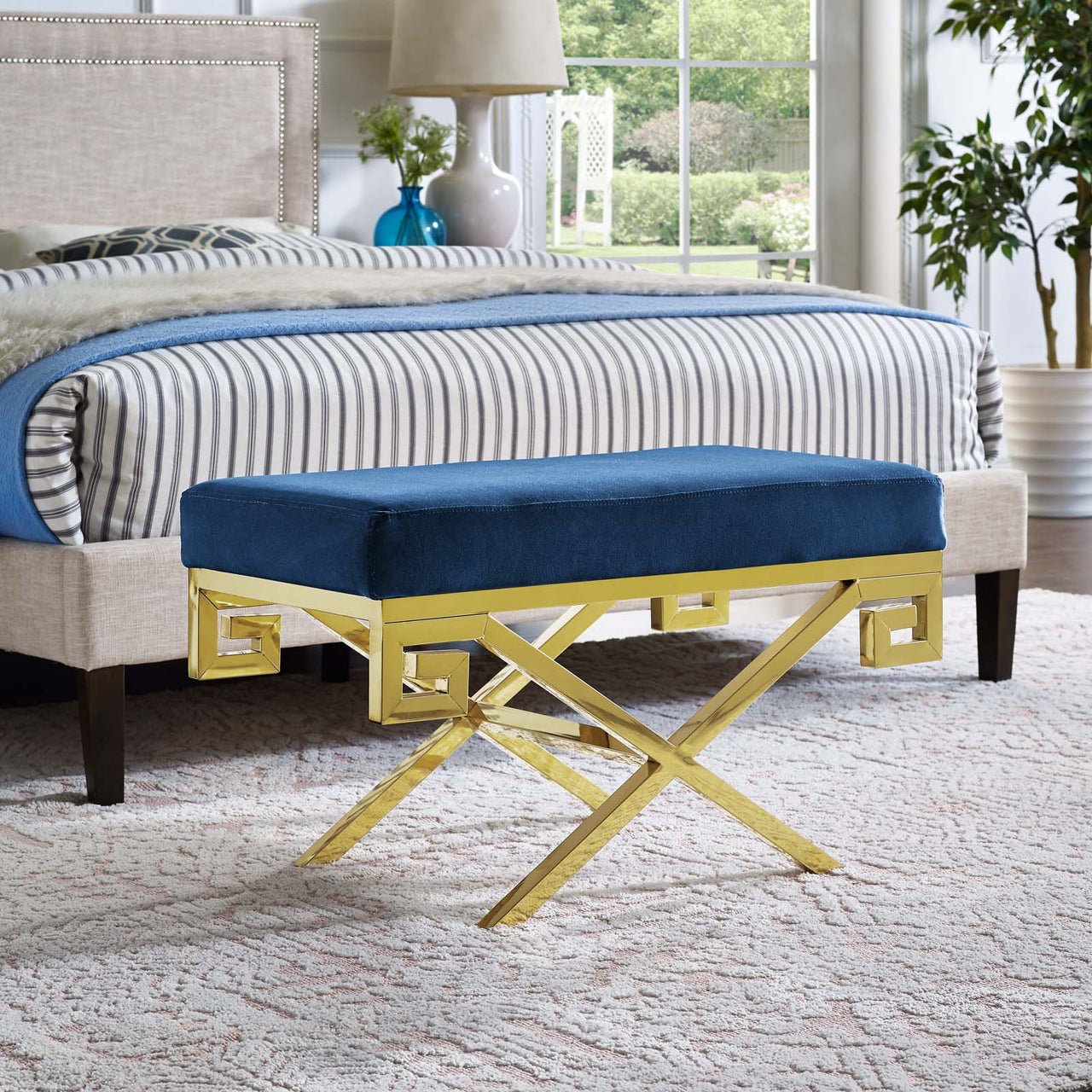 Azteca Upholstered Velvet Bench, Gold & Navy