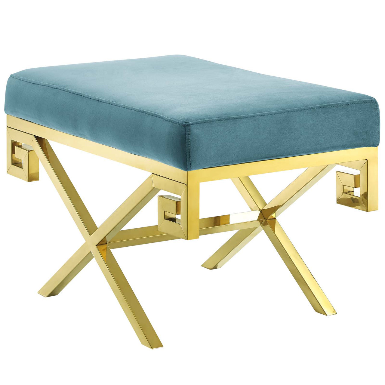 Azteca Upholstered Velvet Bench, Gold & Caspian Blue