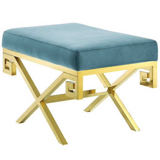 Azteca Upholstered Velvet Bench, Gold & Caspian Blue