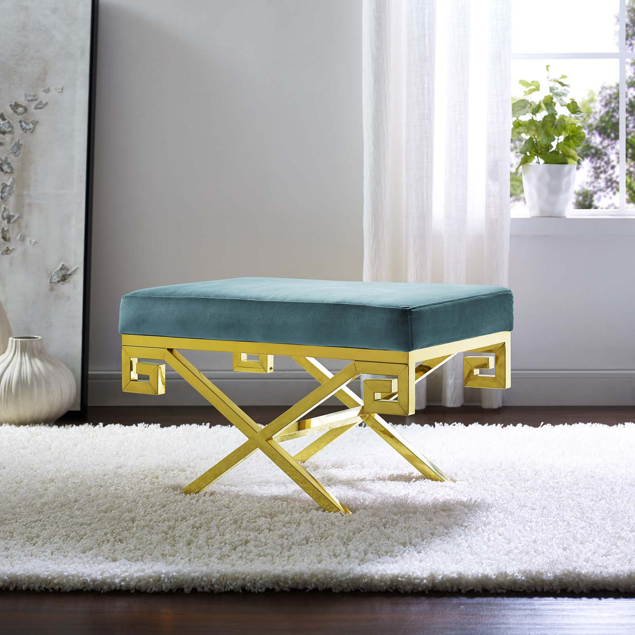 Azteca Upholstered Velvet Bench, Gold & Caspian Blue