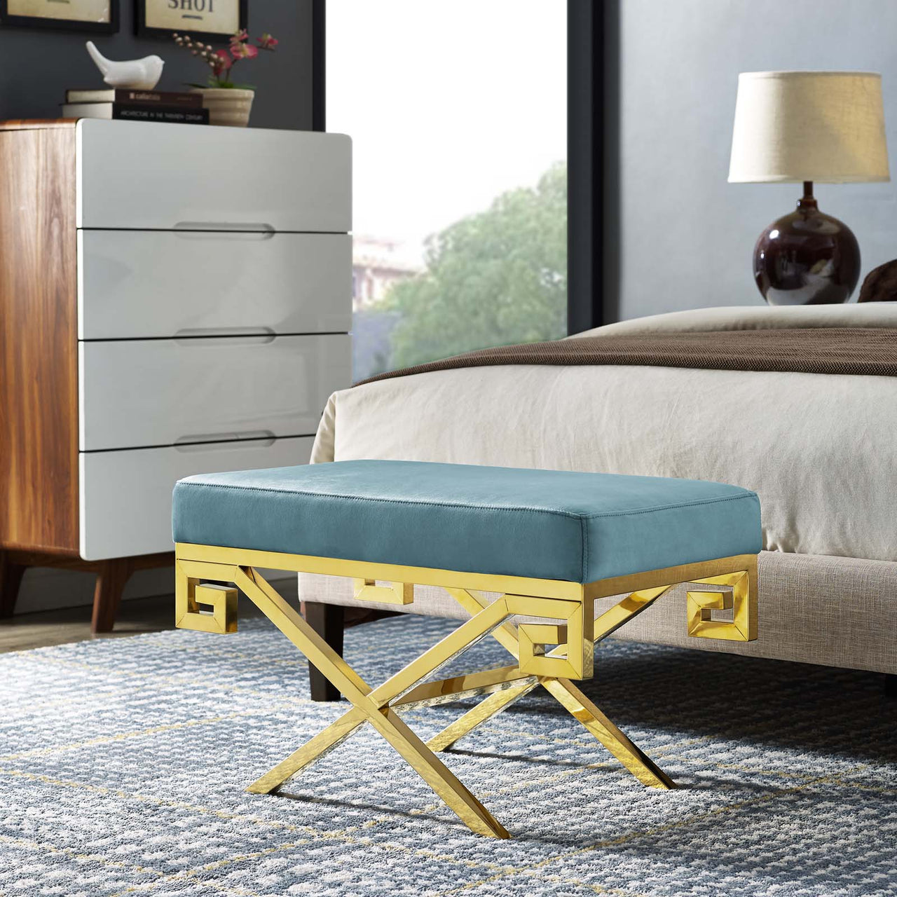 Azteca Upholstered Velvet Bench, Gold & Caspian Blue