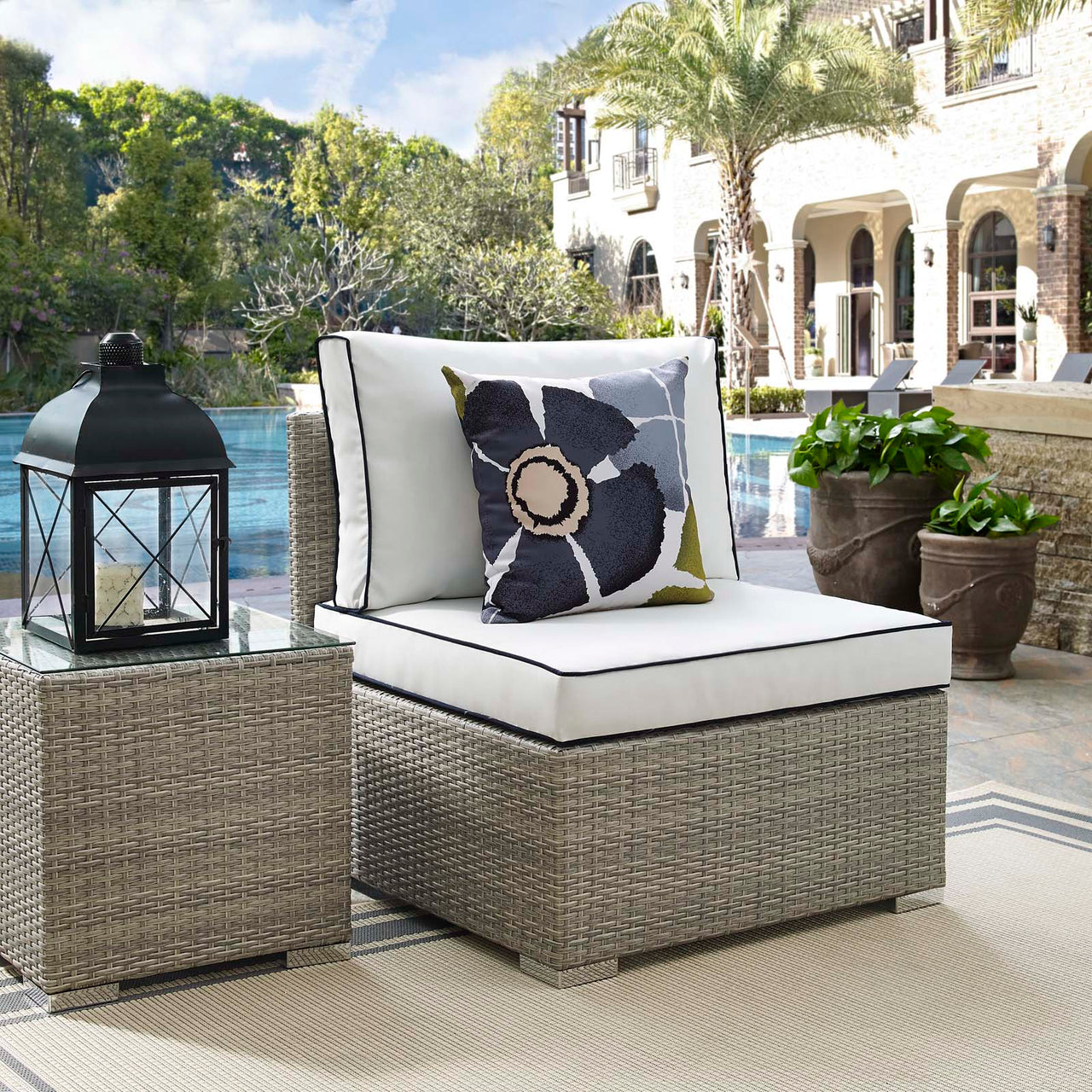 Gerrymander Alfresco Armless Chair | Outdoor Modular Sectional Component, Light Gray & White