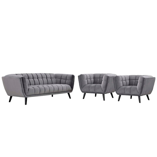Caress 3-Piece Velvet Sofa & Armchair Set, Gray