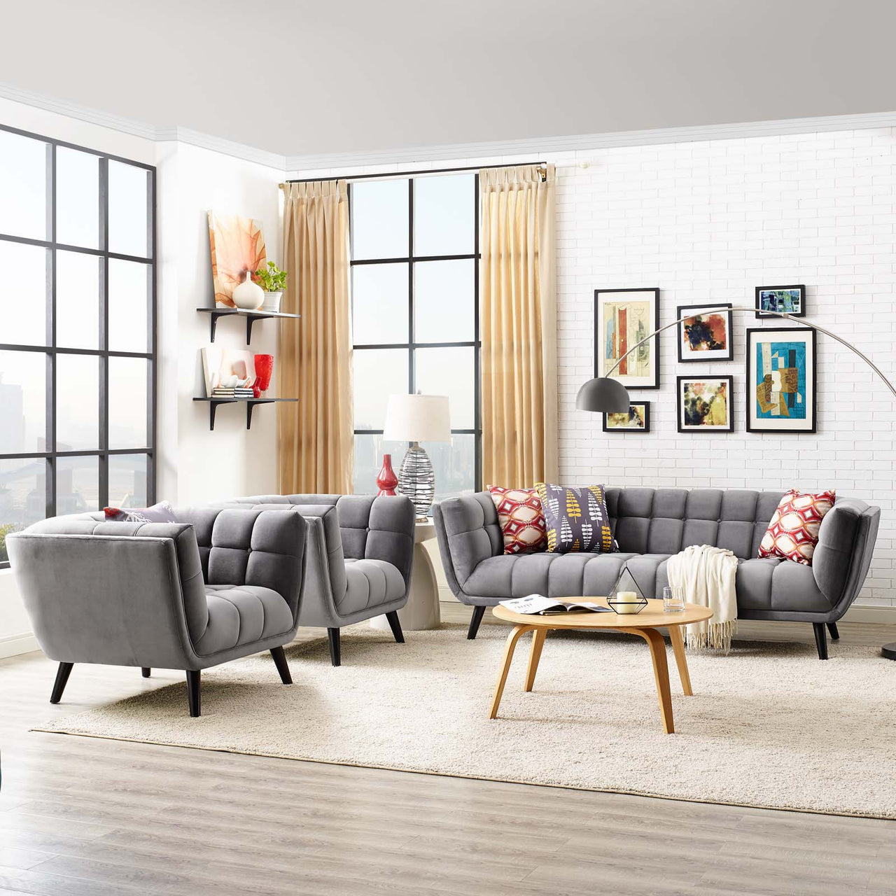 Caress 3-Piece Velvet Sofa & Armchair Set, Gray