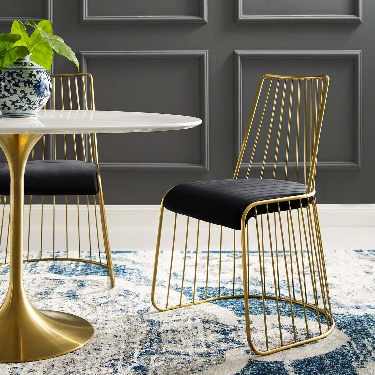 Cylendra Velvet Dining Chair, Gold & Black