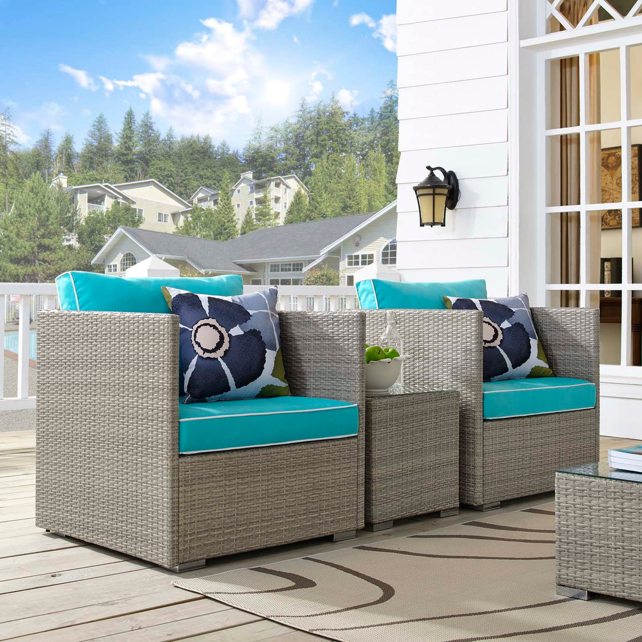 Gerrymander 3-Piece Alfresco Sectional Set, Light Gray & Turquoise