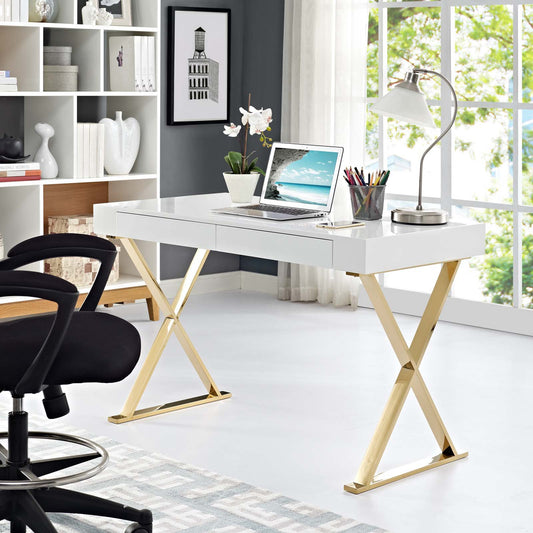 Crux Office Desk, White & Gold