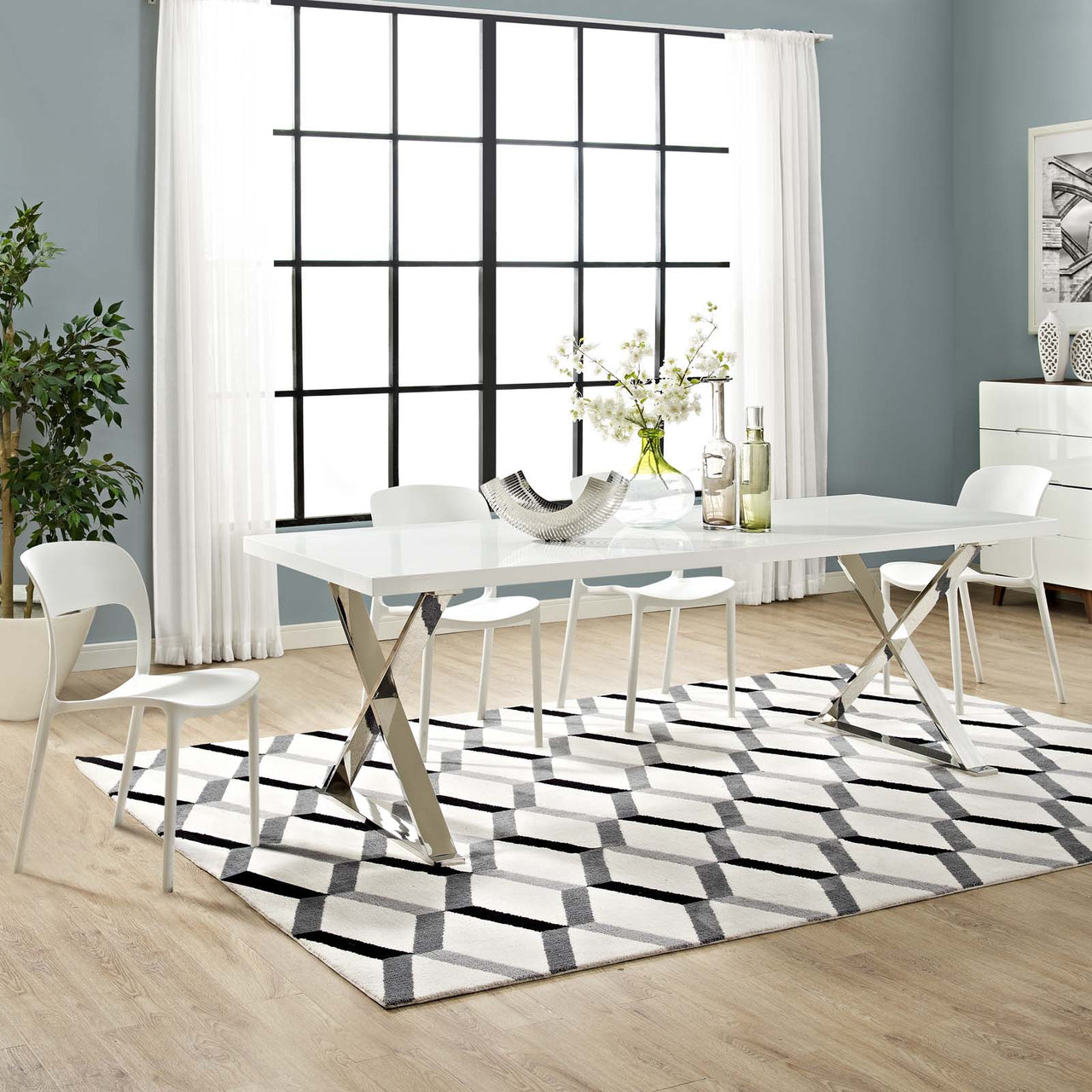 Crux Dining Table, White & Silver