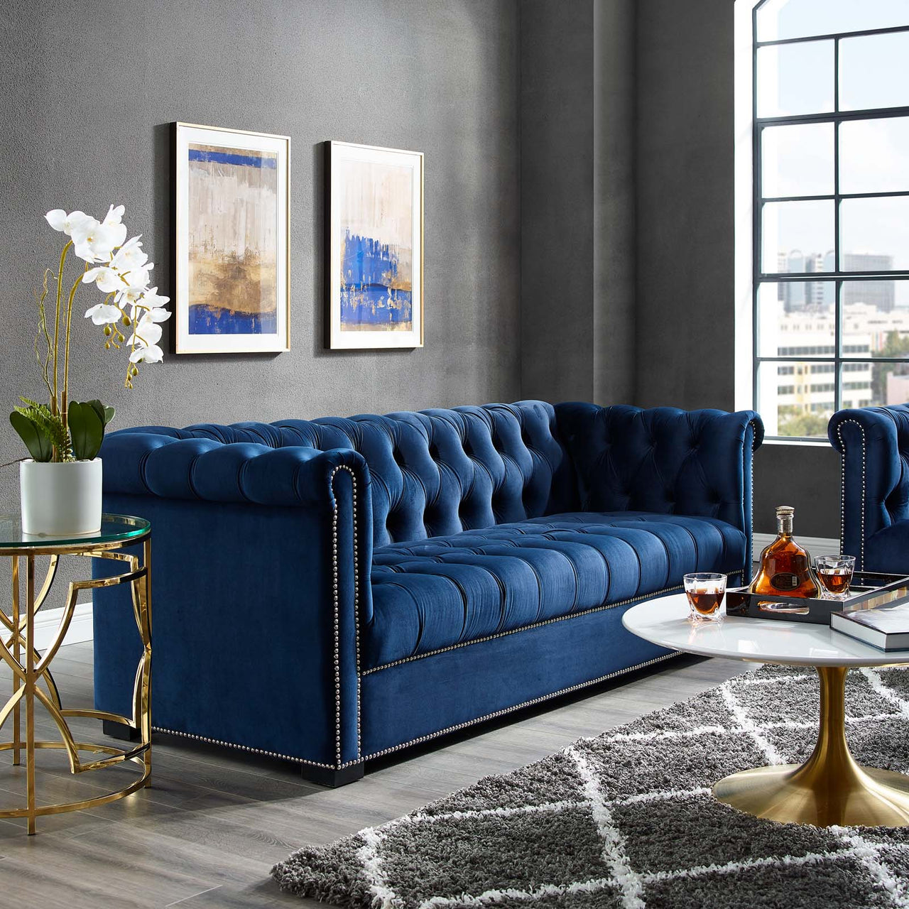 Jester Tufted Velvet Sofa, Dark Blue