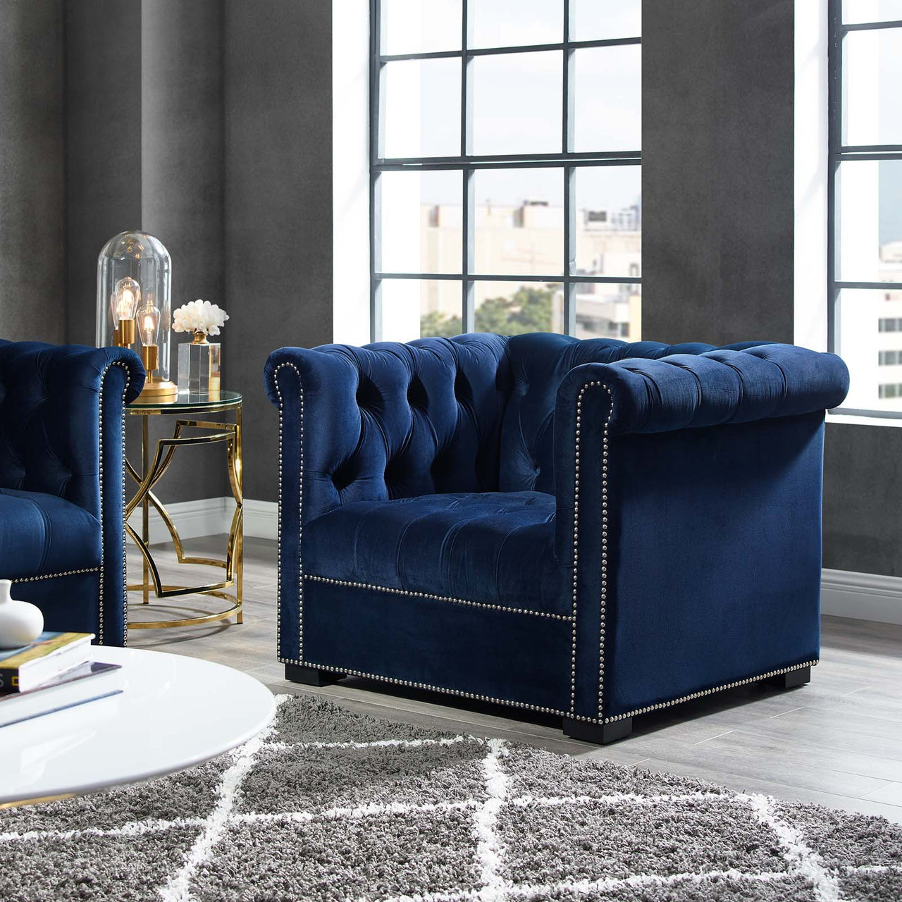 Jester Tufted Velvet Armchair, Dark Blue