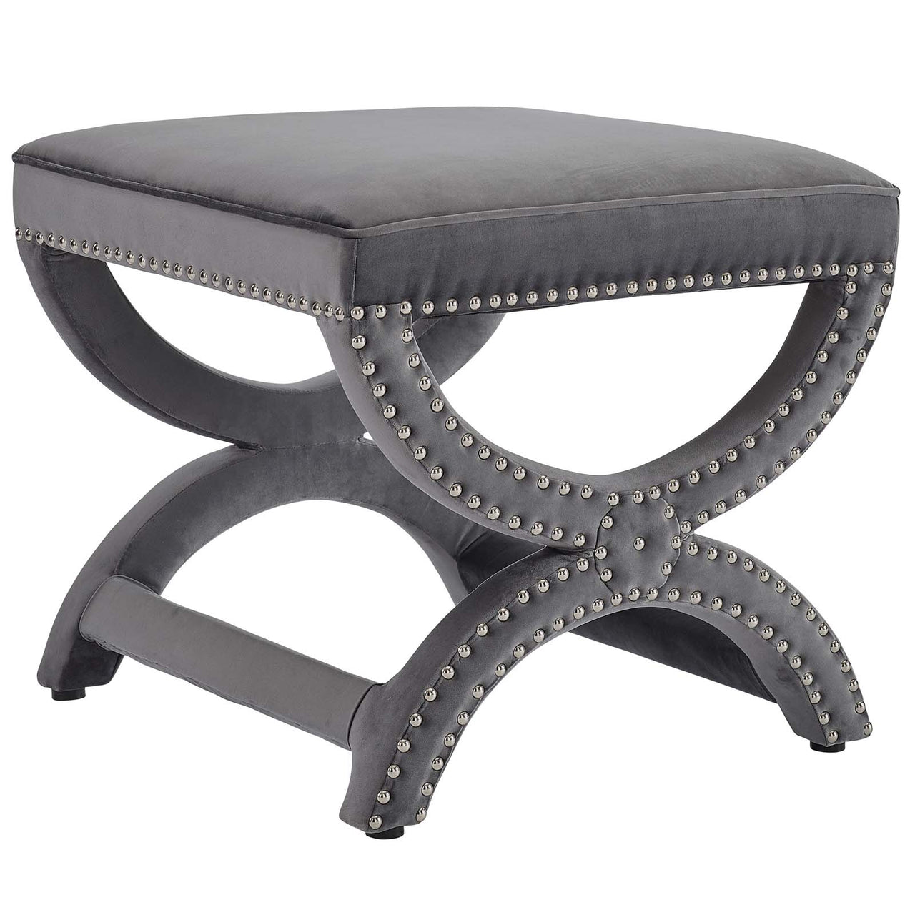 Luxe Lounge Upholstered Nailhead Trim Velvet Ottoman, Gray