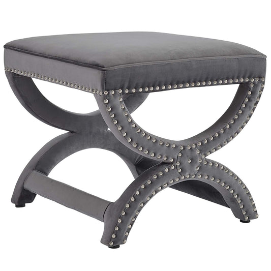 Luxe Lounge Upholstered Nailhead Trim Velvet Ottoman, Gray