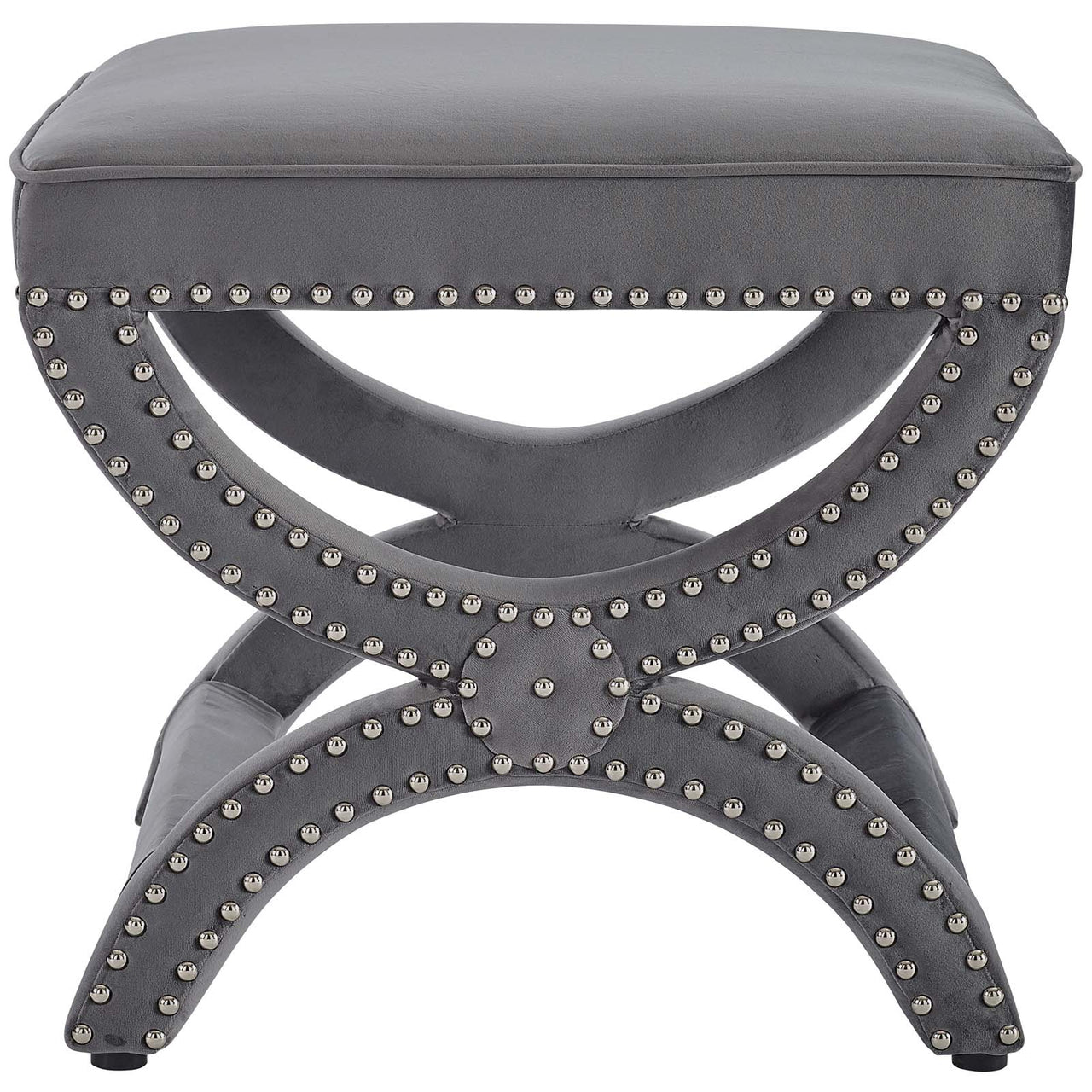 Luxe Lounge Upholstered Nailhead Trim Velvet Ottoman, Gray