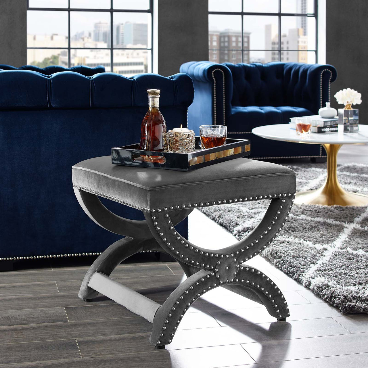 Luxe Lounge Upholstered Nailhead Trim Velvet Ottoman, Gray
