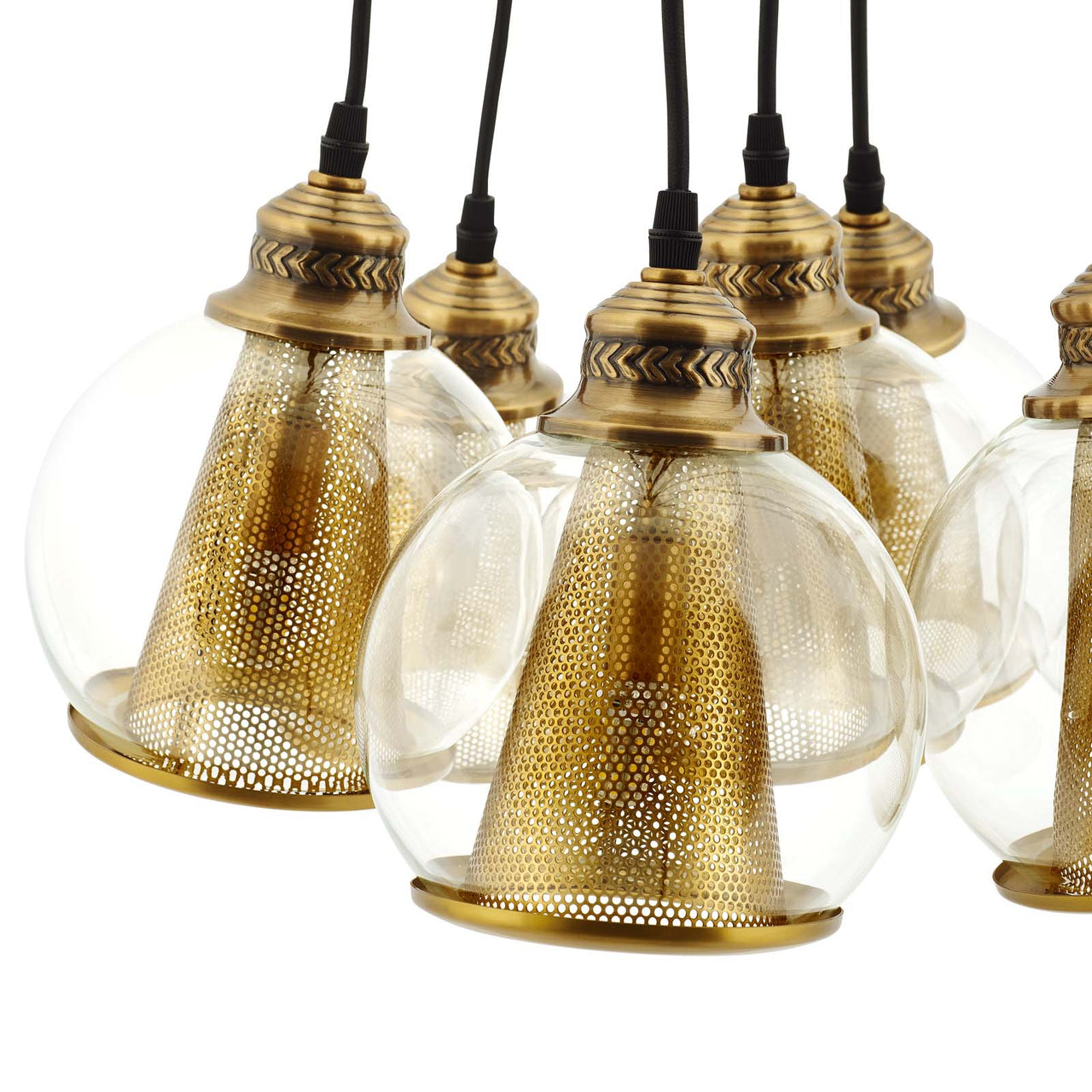 Peak Brass Cone and Glass Globe Cluster Pendant Chandelier, Gold