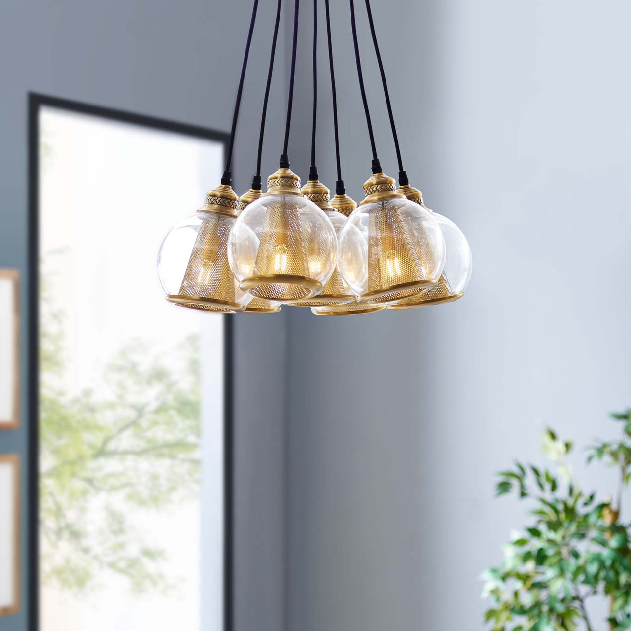 Peak Brass Cone and Glass Globe Cluster Pendant Chandelier, Gold