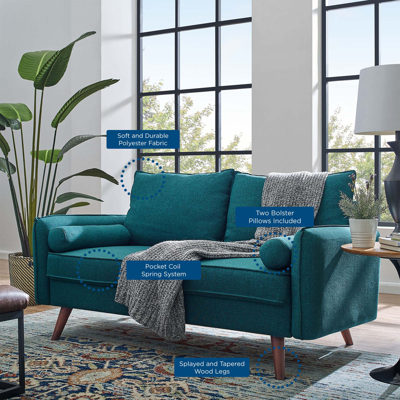 Marindi Plush Fabric Loveseat, Teal