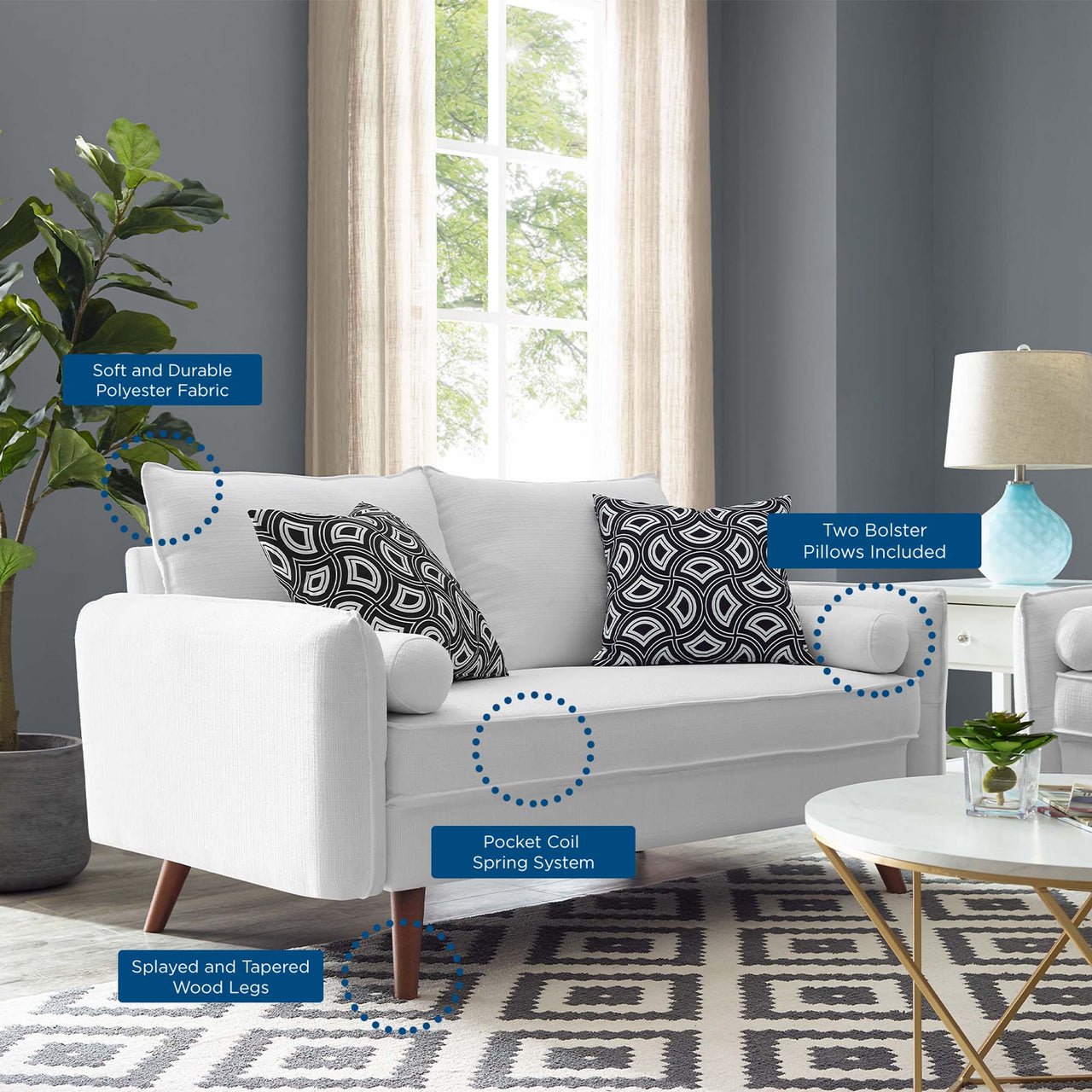 Marindi Plush Fabric Loveseat, White