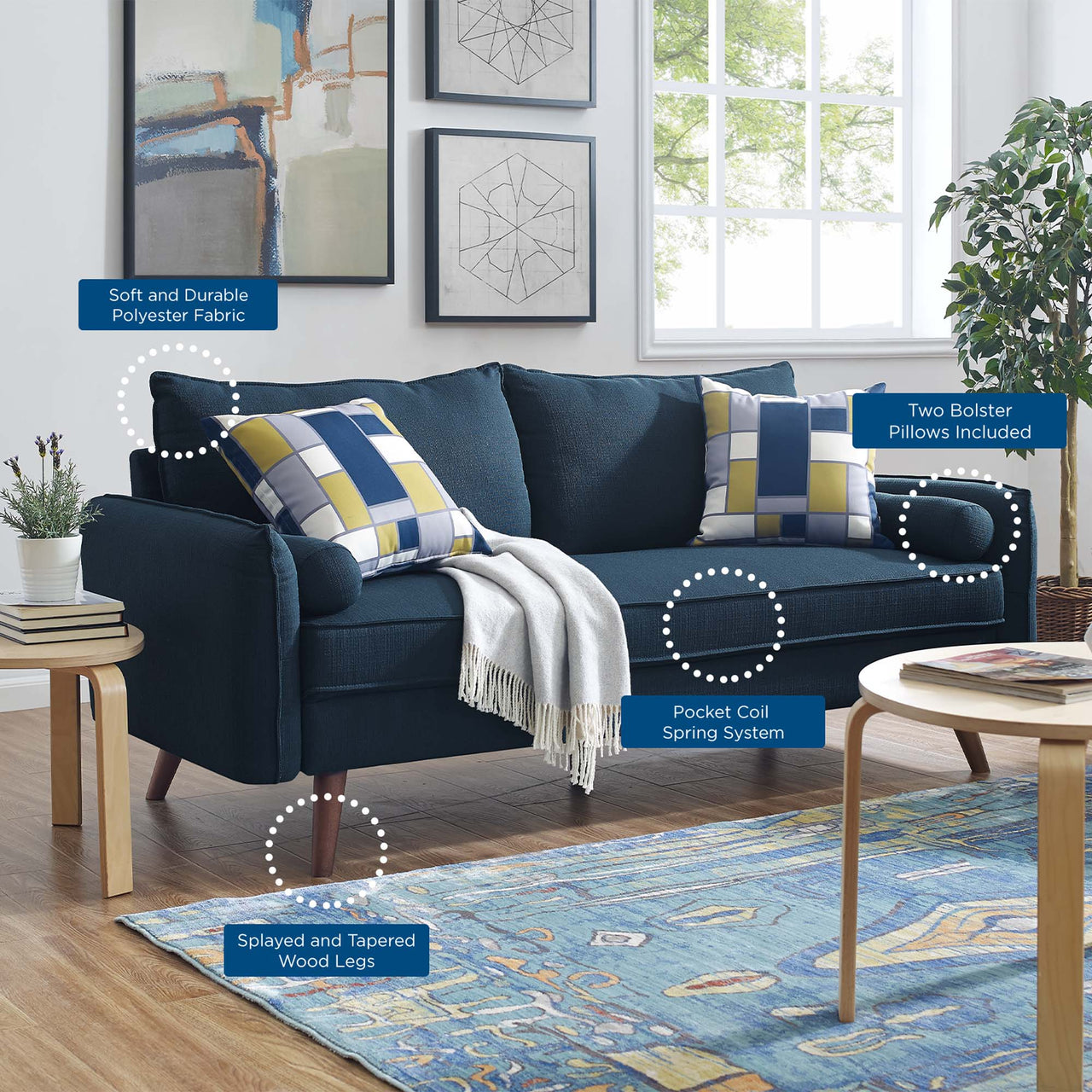Marindi Plush Fabric Sofa, Azure