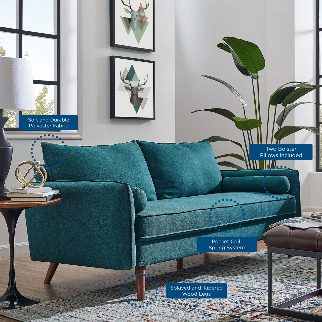 Marindi Plush Fabric Sofa, Teal