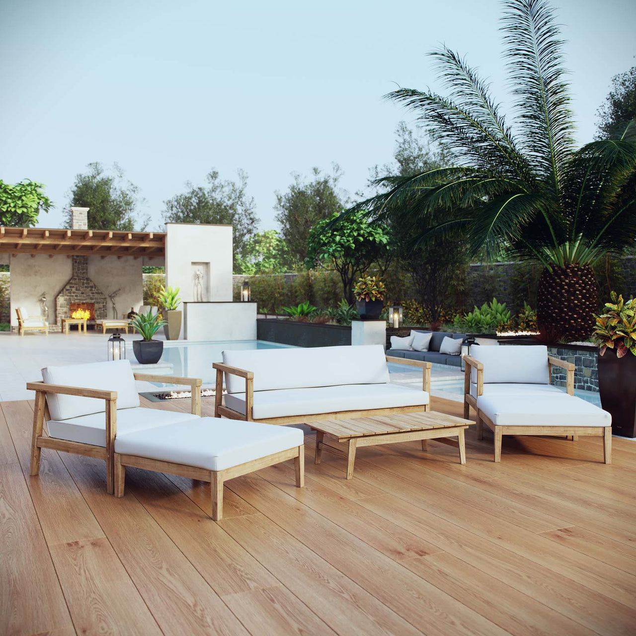 Brentford 6-Piece Alfresco Lounging Set, Natural Wood & White