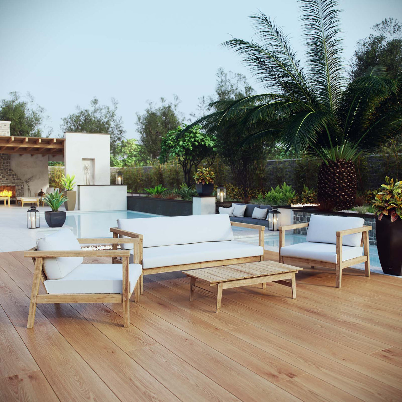 Brentford 4-Piece Alfresco Lounging Set, Natural Wood & White