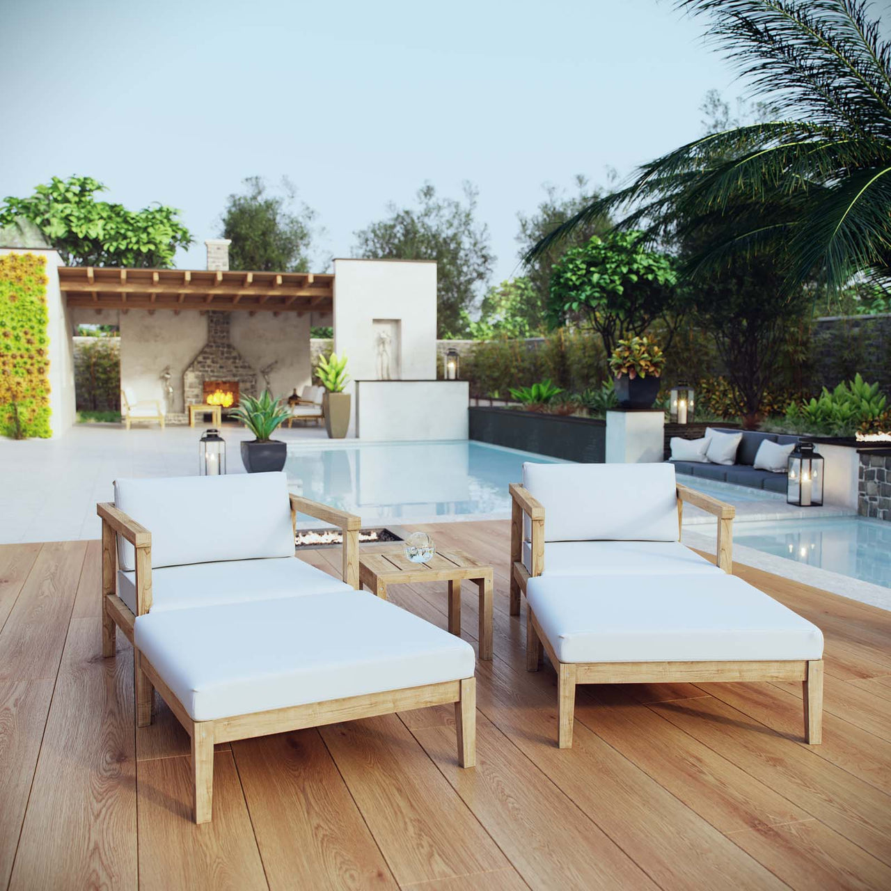 Bayport 5 Piece Outdoor Patio Teak Set, Natural Wood & White