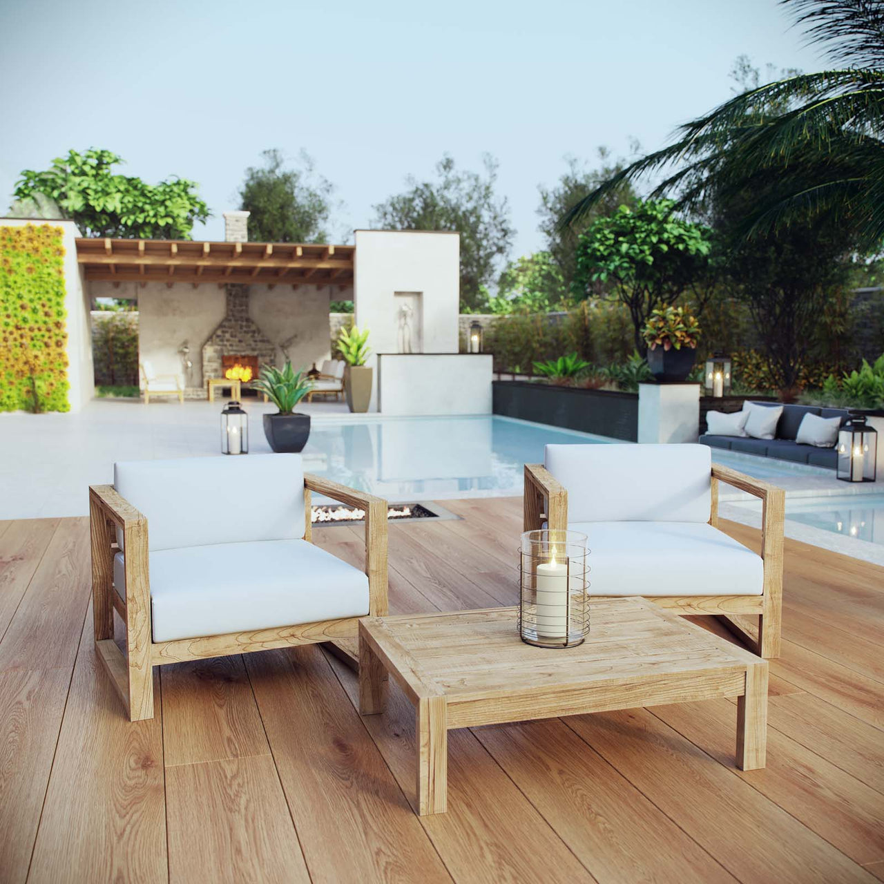 Rizer 3-Piece Alfresco Lounging Set, Natural Wood & White