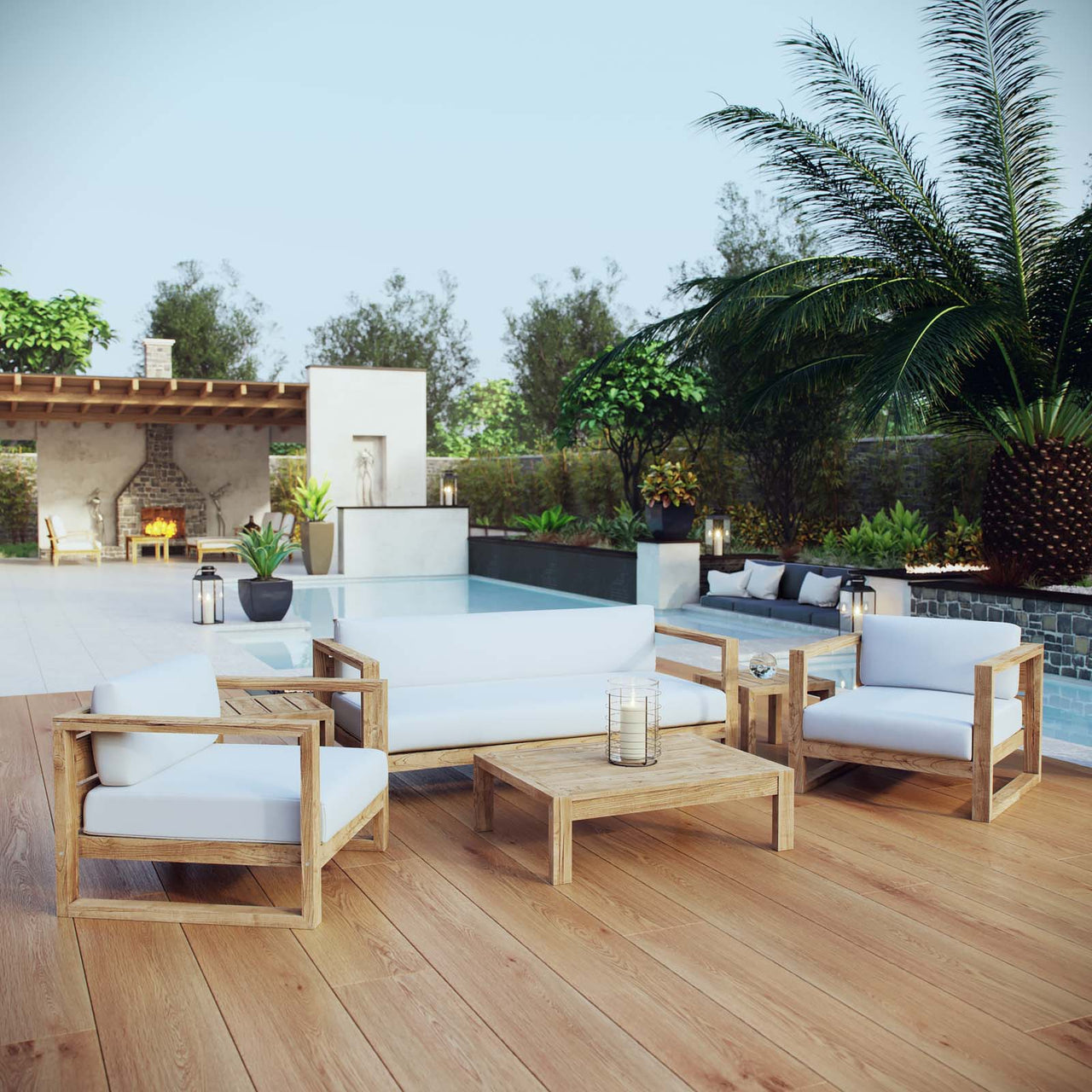 Rizer 6-Piece Alfresco Lounging Set, Natural Wood & White