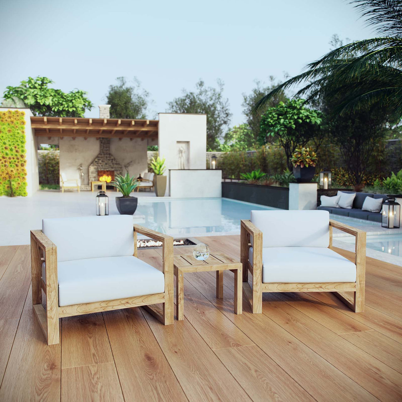 Rizer 3-Piece Alfresco Lounging Set, Natural Wood & White