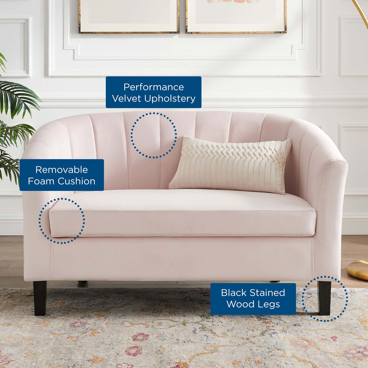 Alessa Upholstered Velvet Loveseat, Pink