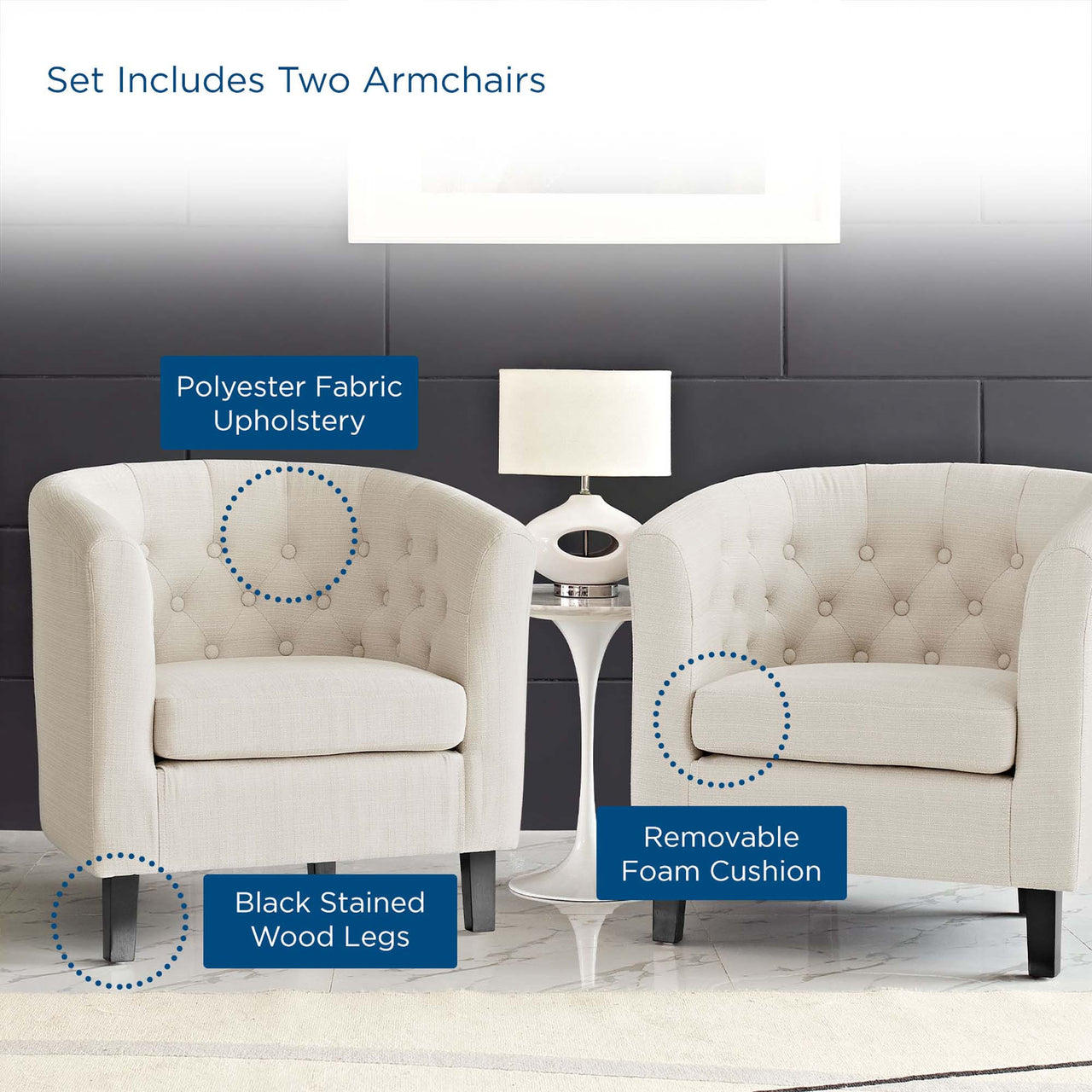 Alessa 2-Piece Fabric Armchair Set, Beige