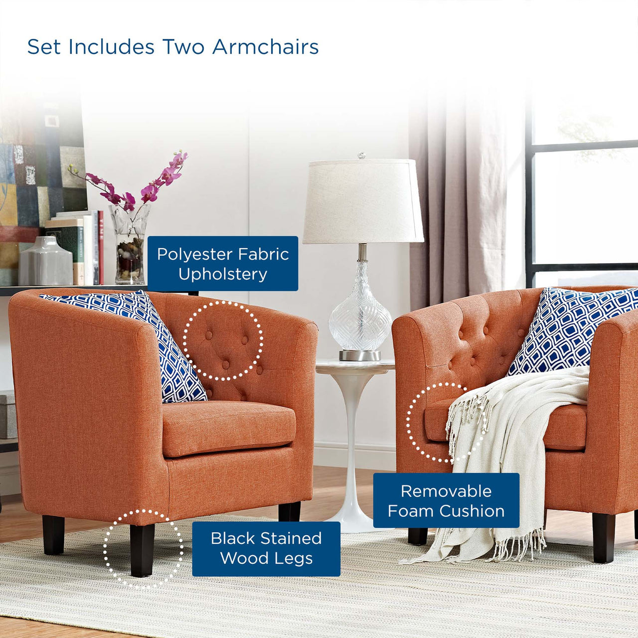Alessa 2-Piece Fabric Armchair Set, Orange