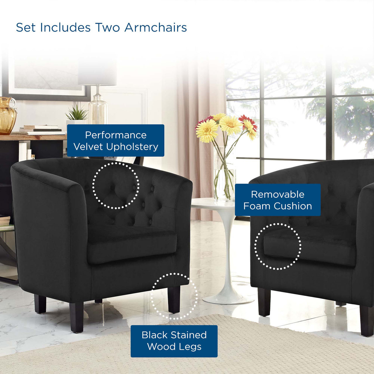 Alessa 2-Piece Upholstered Velvet Armchair Set, Black