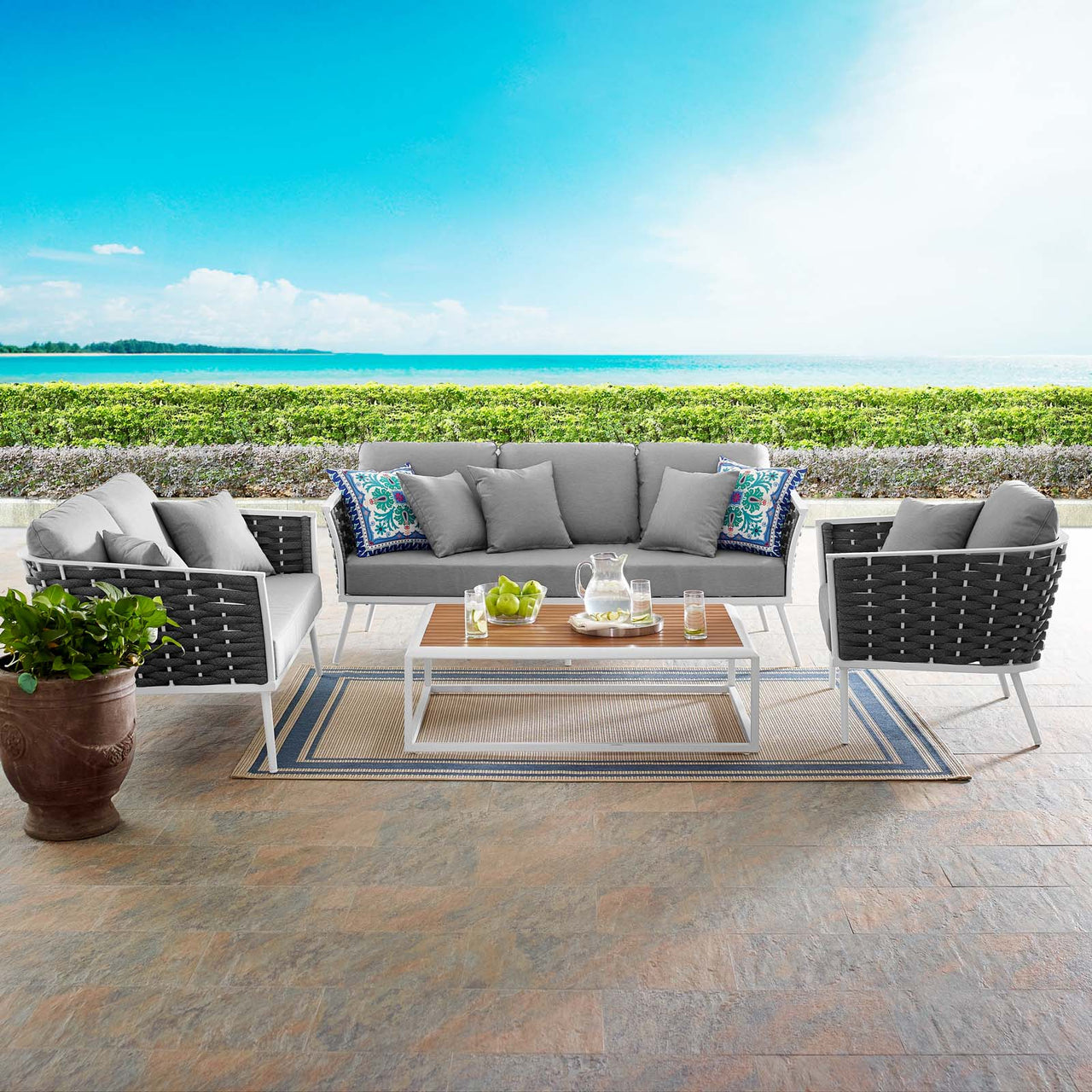 Stellan 4-Piece Alfresco Sectional Sofa Set, White & Gray