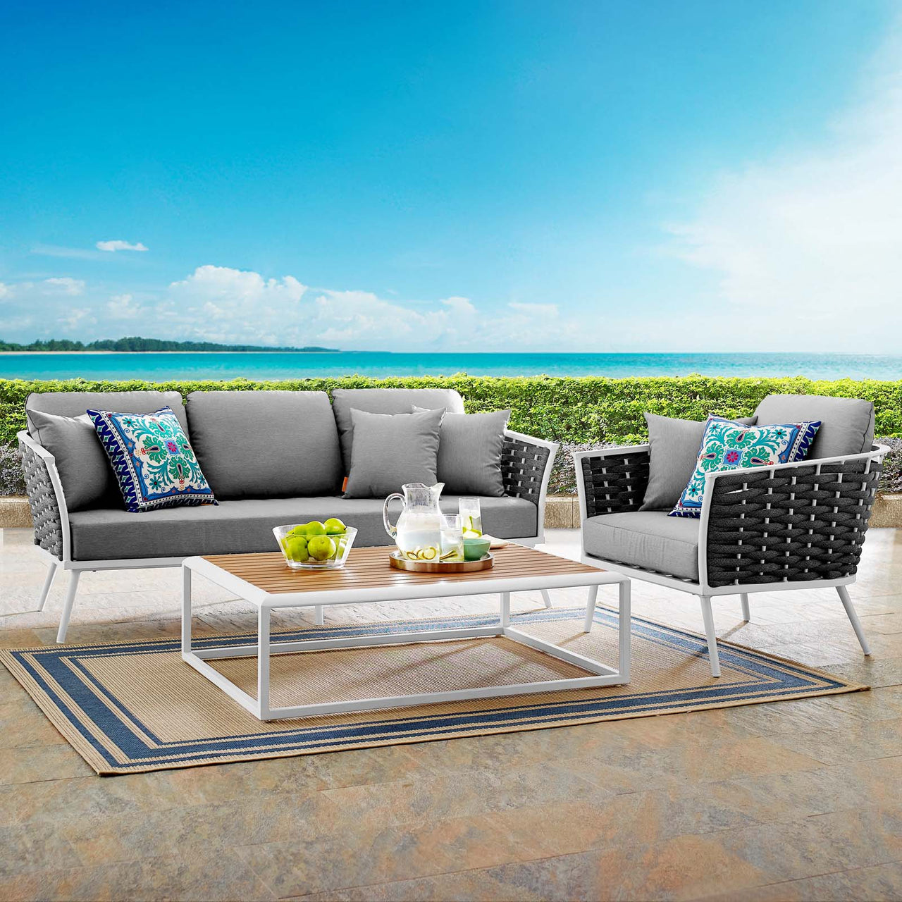 Stellan 3-Piece Alfresco Sectional Sofa Set, White & Gray