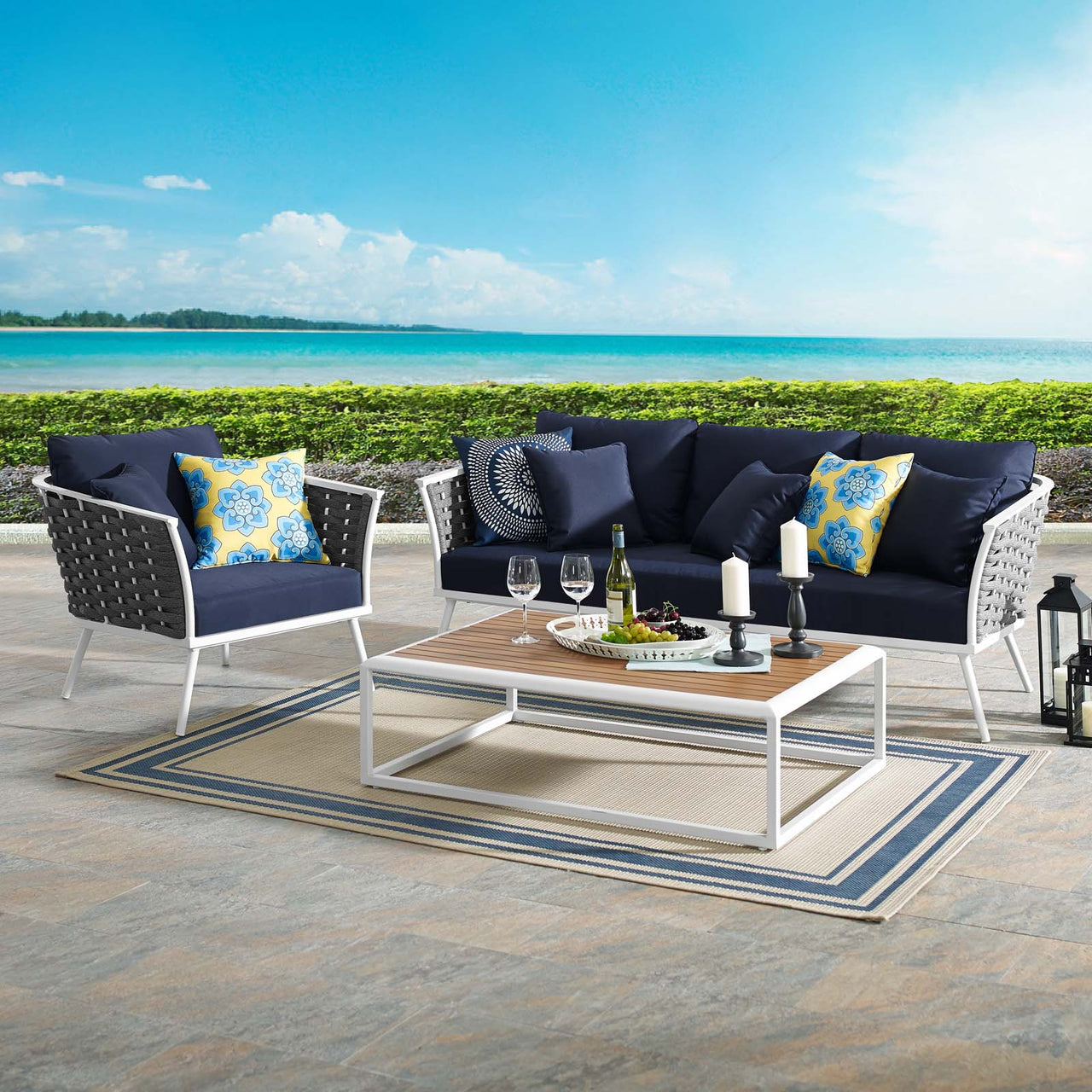 Stellan 3-Piece Alfresco Sectional Sofa Set, White & Navy