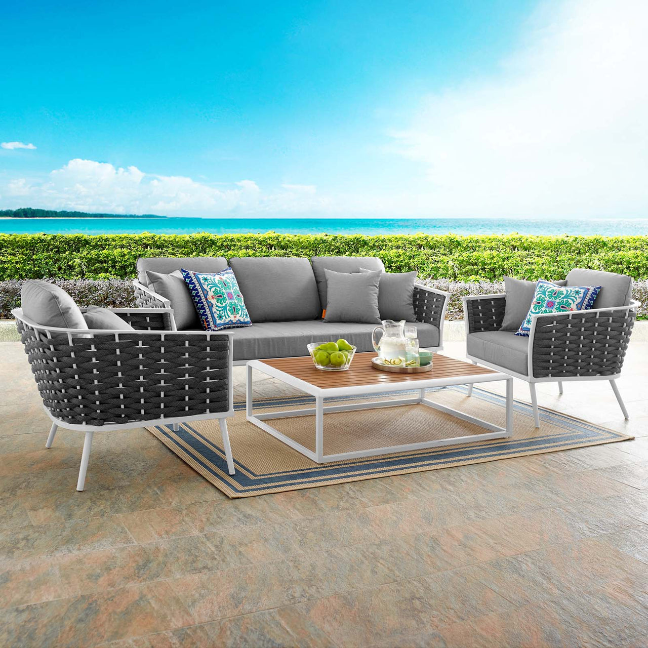 Stellan 4-Piece Alfresco Sectional Sofa Set, White & Gray