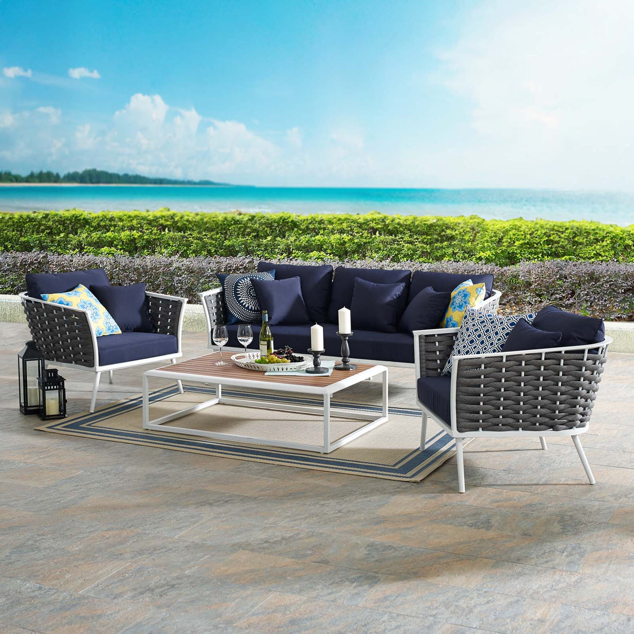 Stellan 4-Piece Alfresco Sectional Sofa Set, White & Navy