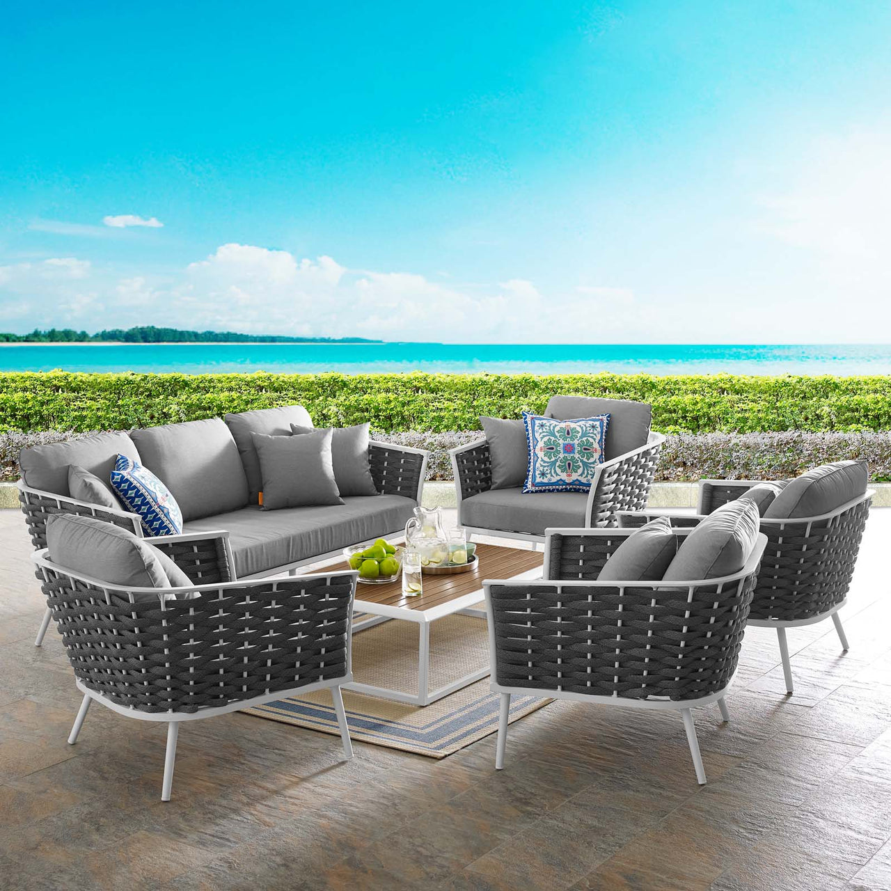 Stellan 6-Piece Alfresco Sectional Sofa Set, White & Gray