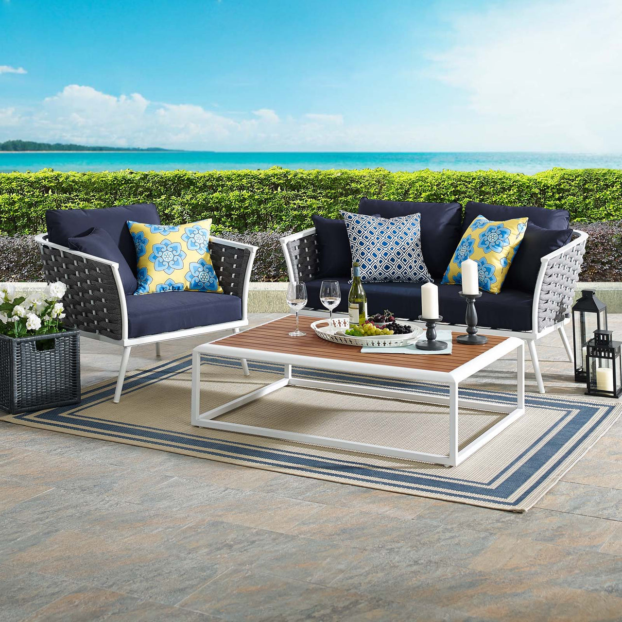 Stellan 3-Piece Alfresco Sectional Sofa Set, White & Navy