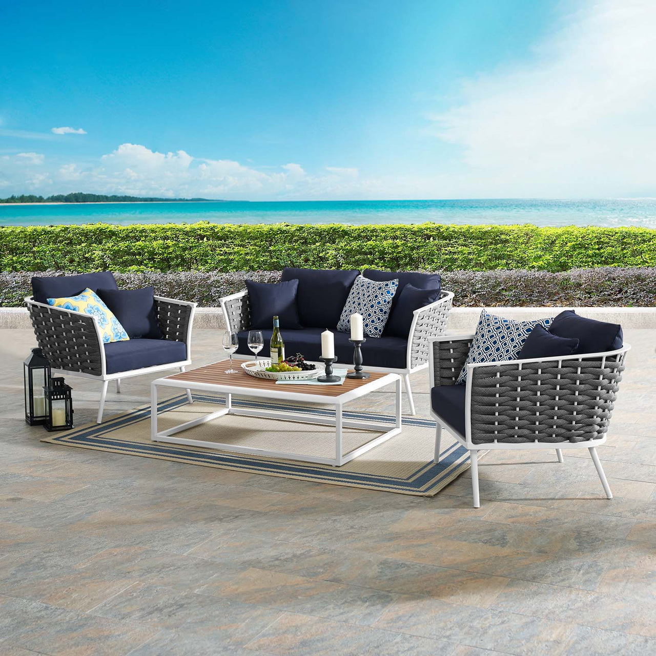 Stellan 4-Piece Alfresco Sectional Sofa Set, White & Navy