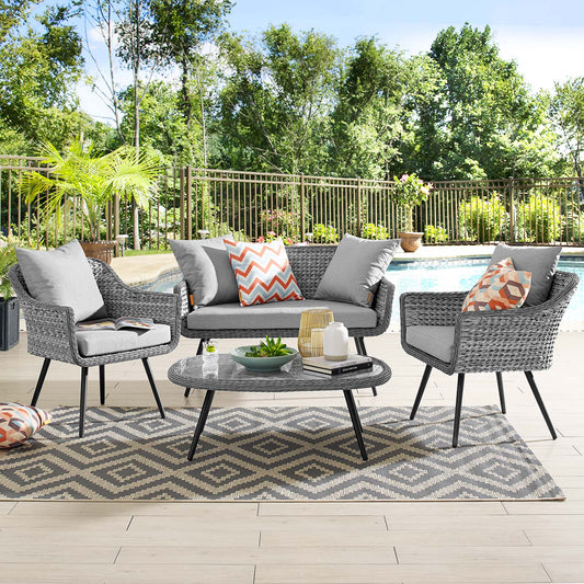 Stratus 4-Piece Alfresco Woven Loveseat Armchair and Coffee Table Set, Gray
