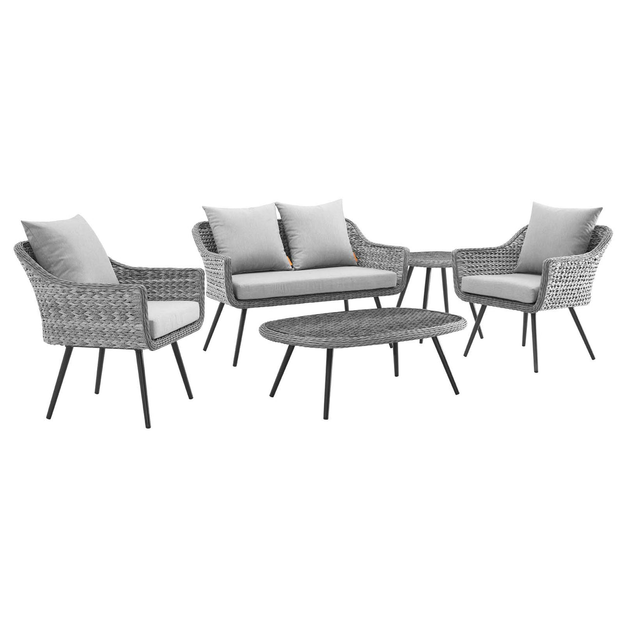 Stratus 5-Piece Alfresco Woven Loveseat Armchair Coffee & Side Table Set, Gray
