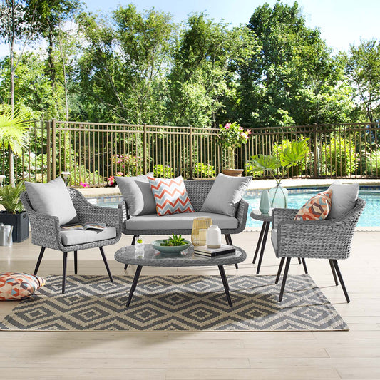Stratus 5-Piece Alfresco Woven Loveseat Armchair Coffee & Side Table Set, Gray