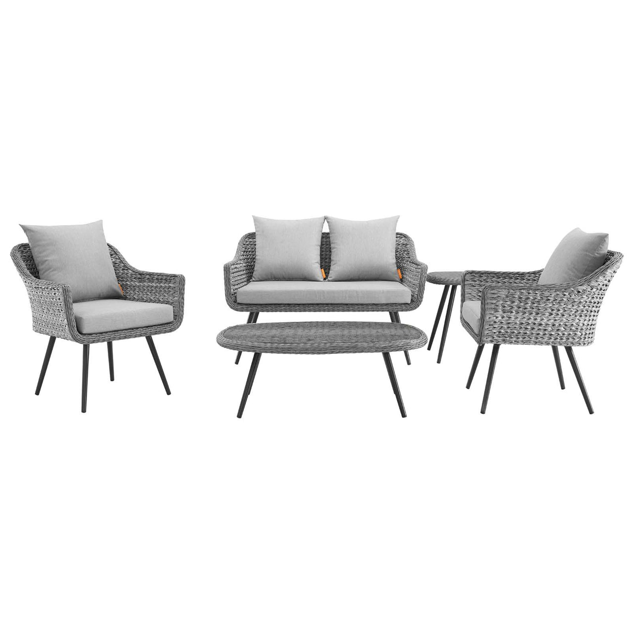 Stratus 5-Piece Alfresco Woven Loveseat Armchair Coffee & Side Table Set, Gray