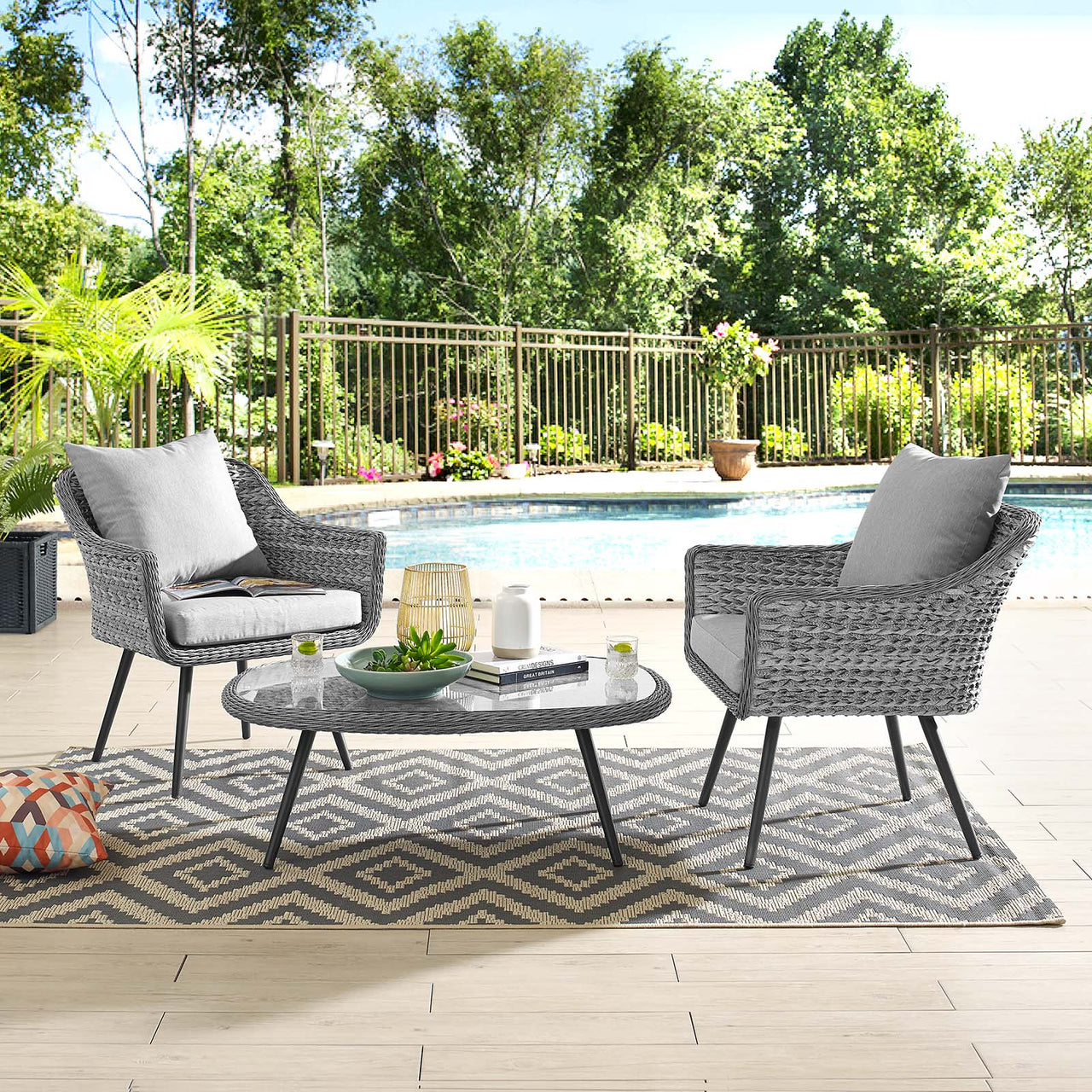 Stratus 3-Piece Alfresco Woven Armchair and Coffee Table Set, Gray