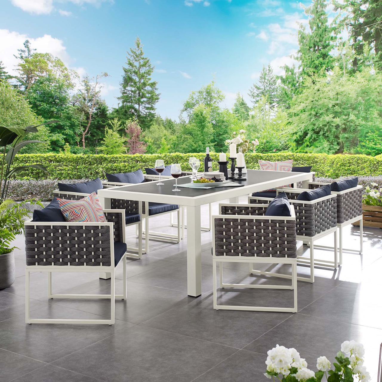 Stellan 9-Piece Alfresco Dining Set, White & Navy